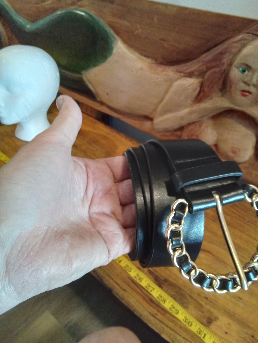 Black Faux Leather Belt with Gold Chainlink Buckle Accent Size L/XL